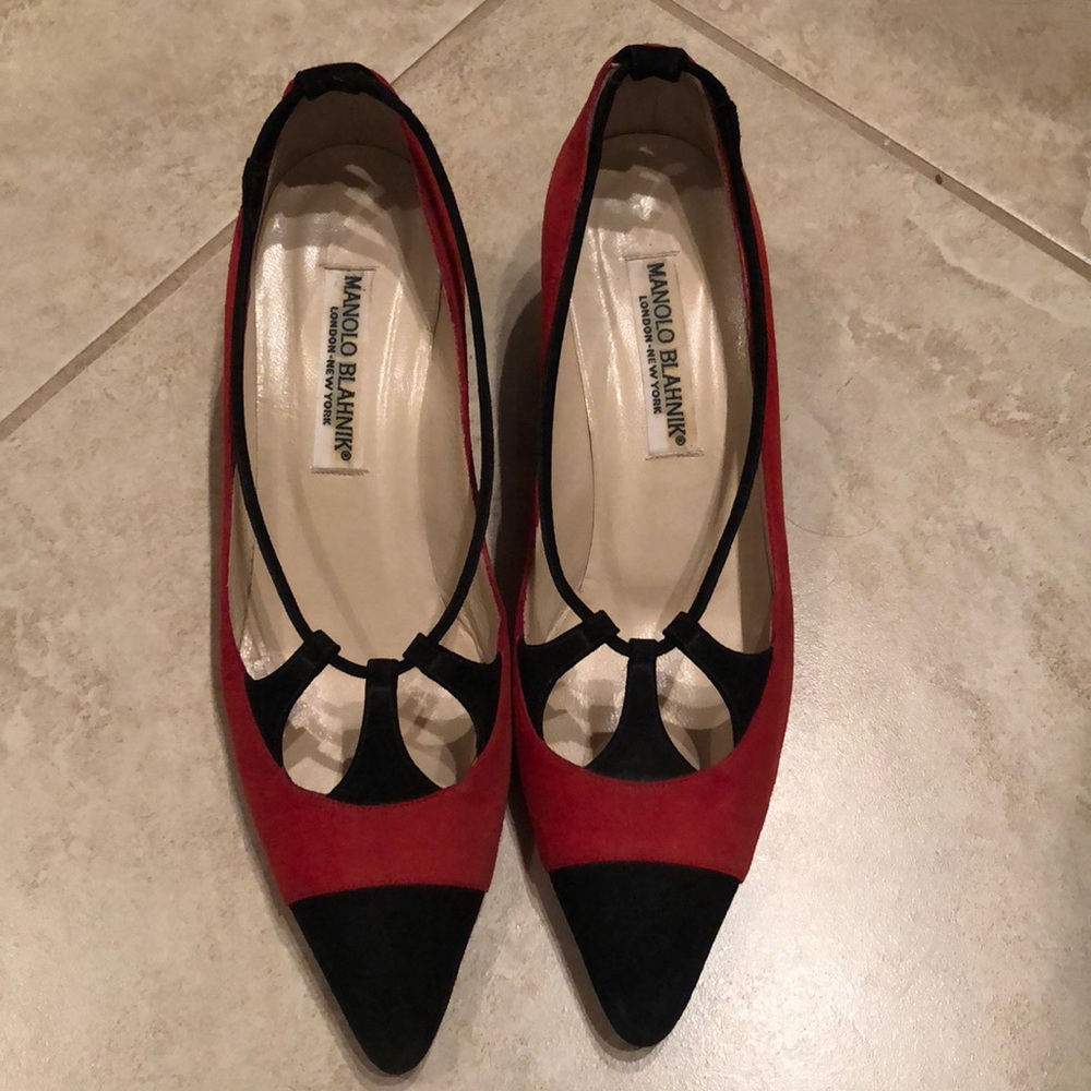 Manolo Blahnik red and black suede kitten heel